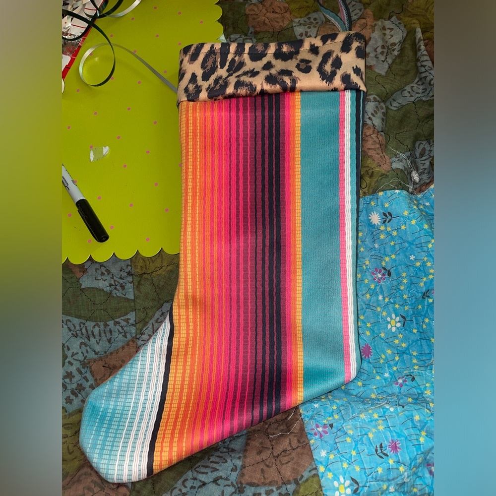 Colorful Striped Christmas Stocking with Leopard Trim